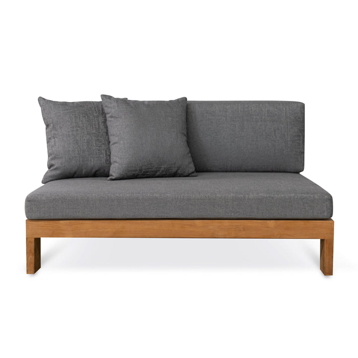 A gray sofa with two cushions rests on a simple wooden frame, positioned against a plain white background.