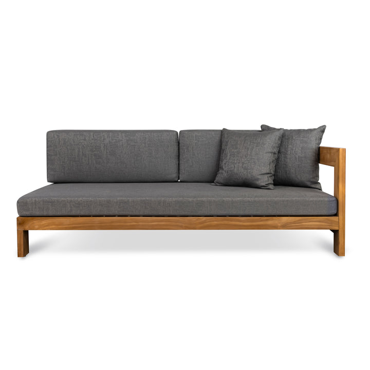 A wooden-framed sofa with dark gray cushions and two matching pillows, set in a minimalistic context with a flat white background.