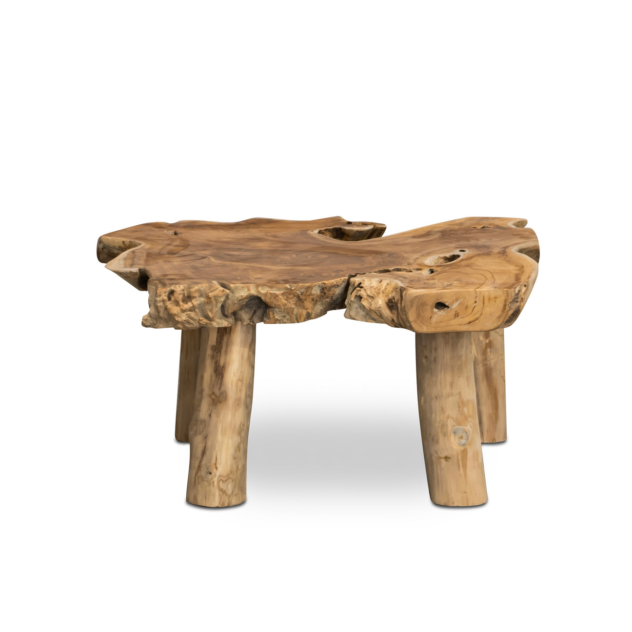 A wooden table features a natural, uneven surface with four sturdy, cylindrical legs, resting in a neutral, well-lit environment.