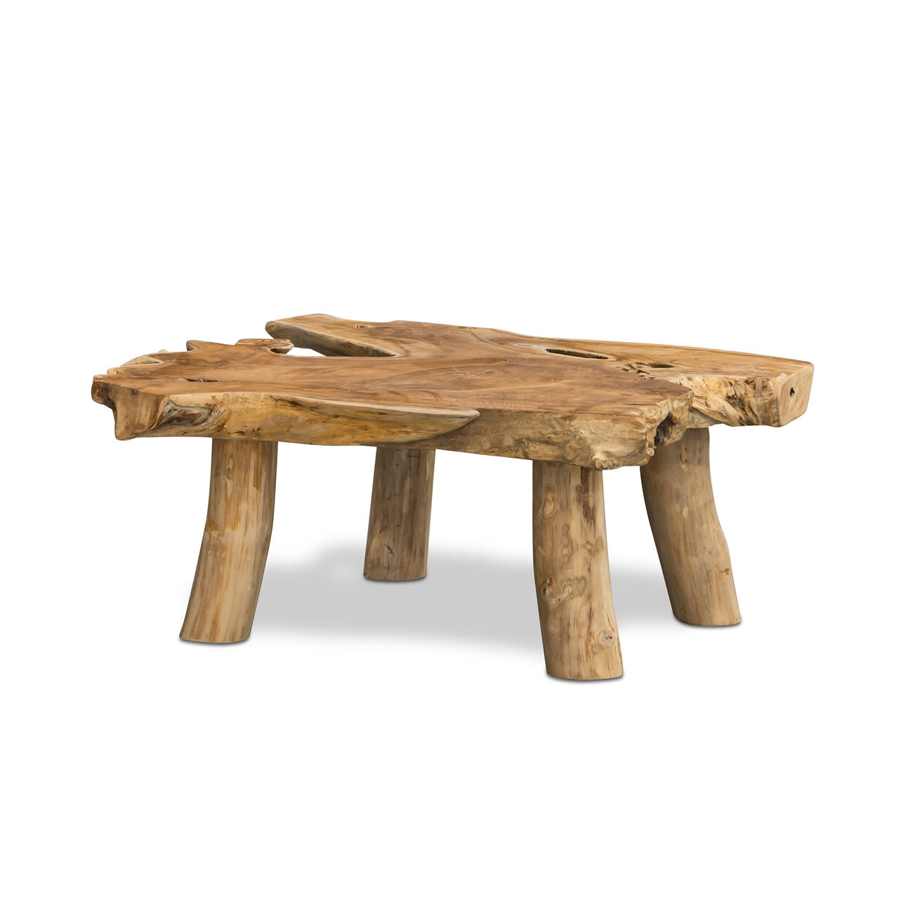 A wooden coffee table features a natural, irregular live edge top and four sturdy, cylindrical legs, placed in a plain white background.