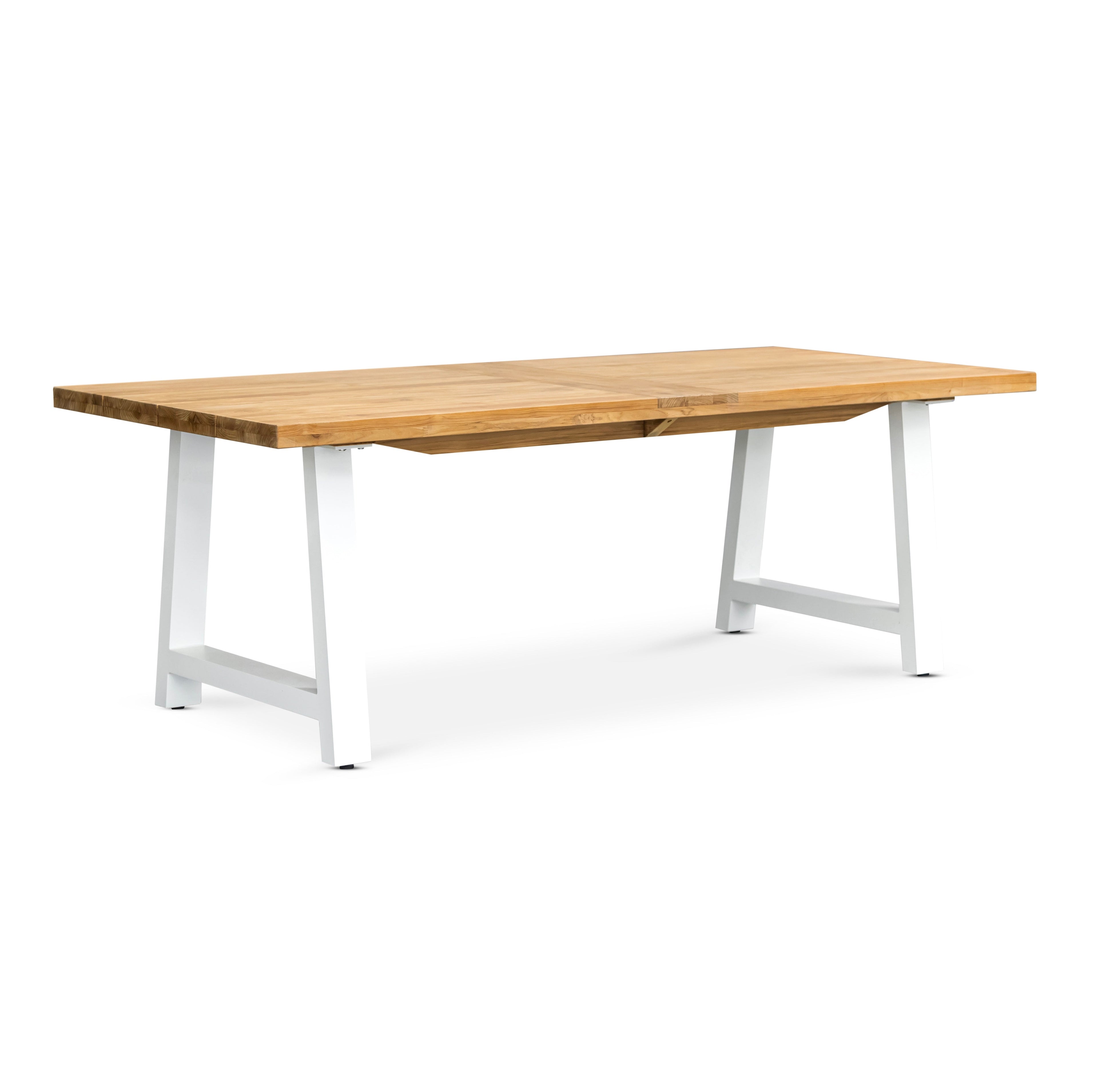 A wooden dining table with a rectangular top rests on white metal legs, set against a plain white background.