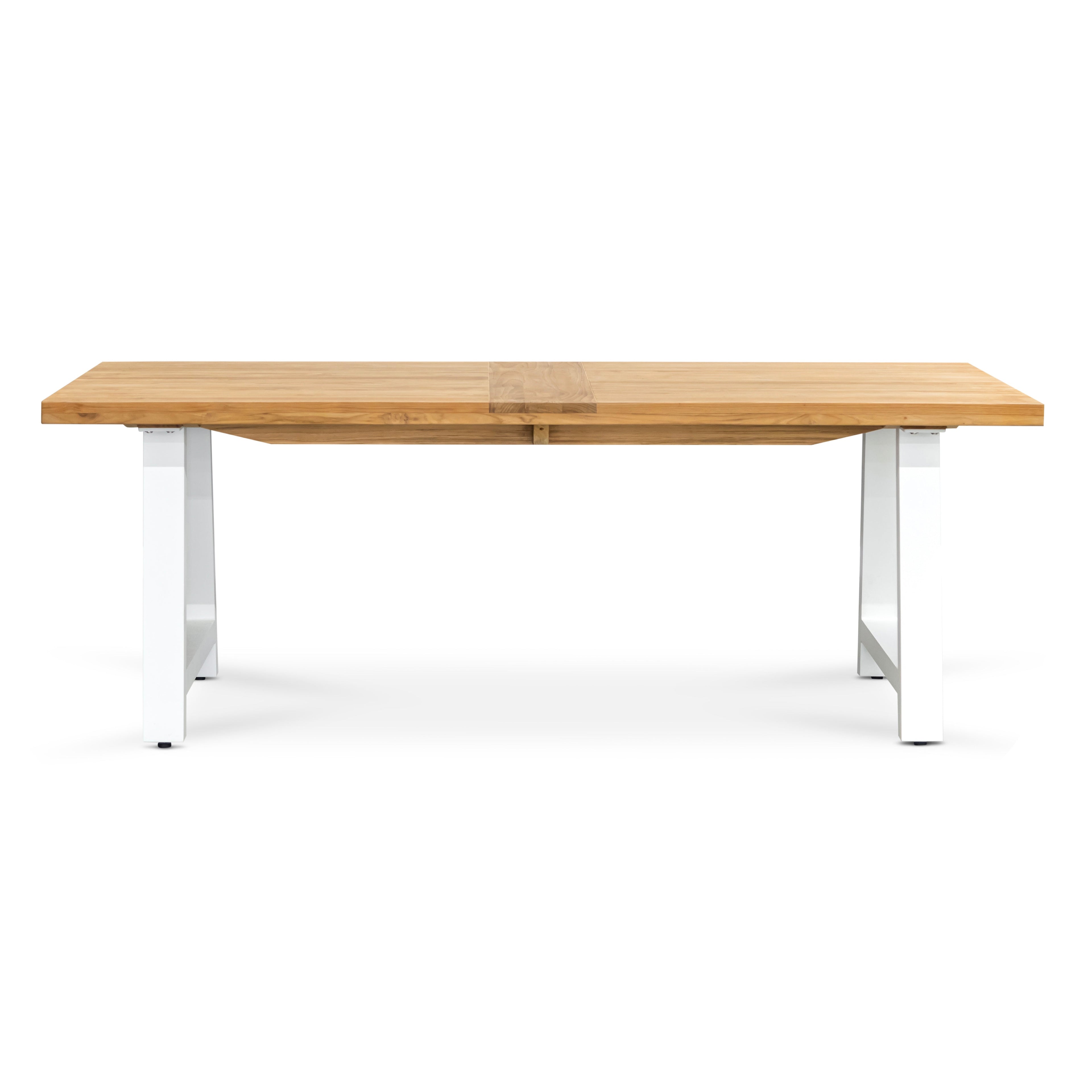 A rectangular wooden table with white metal legs, standing on a white background.