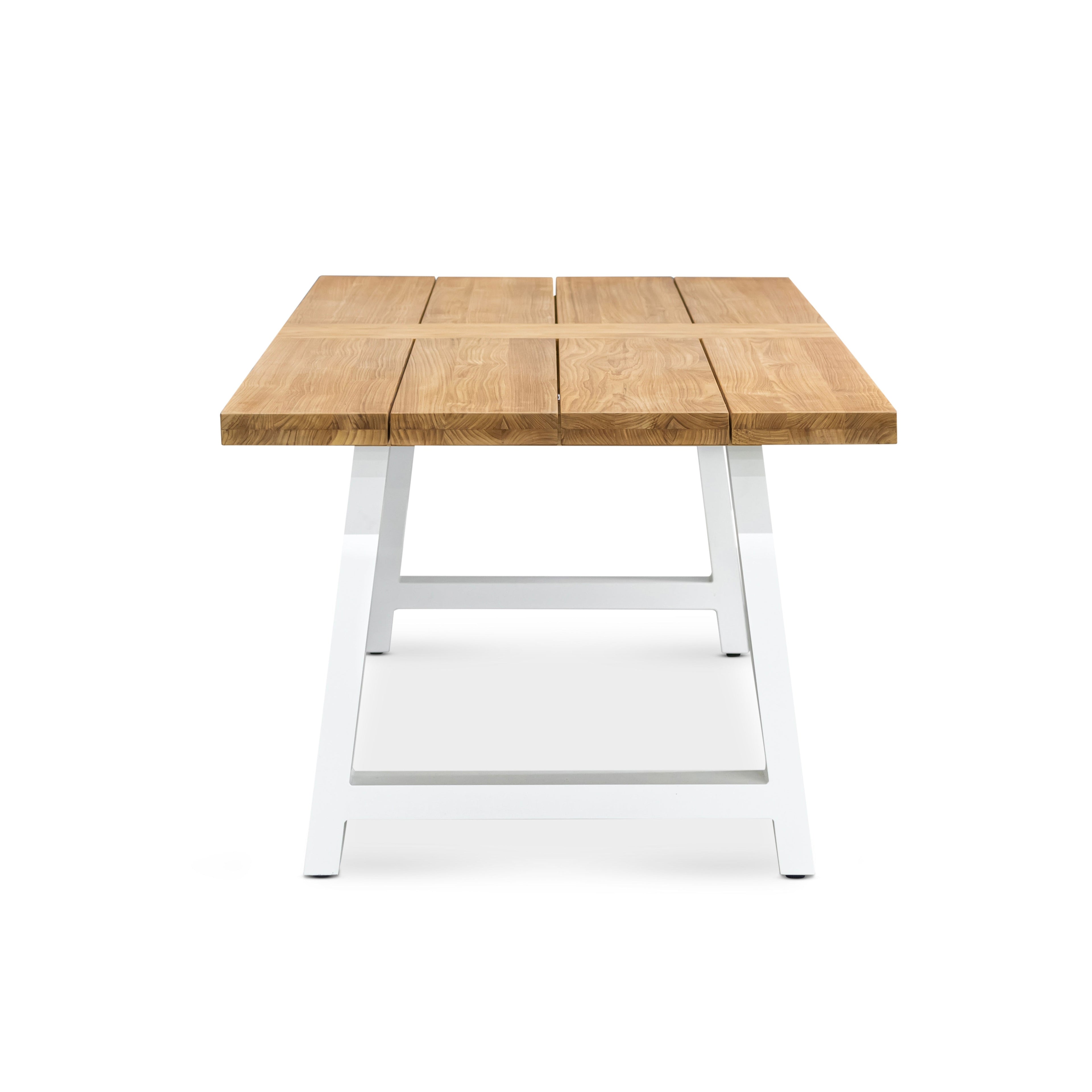 A rectangular wooden table with a natural finish sits on white metal legs in a minimalist, white background.