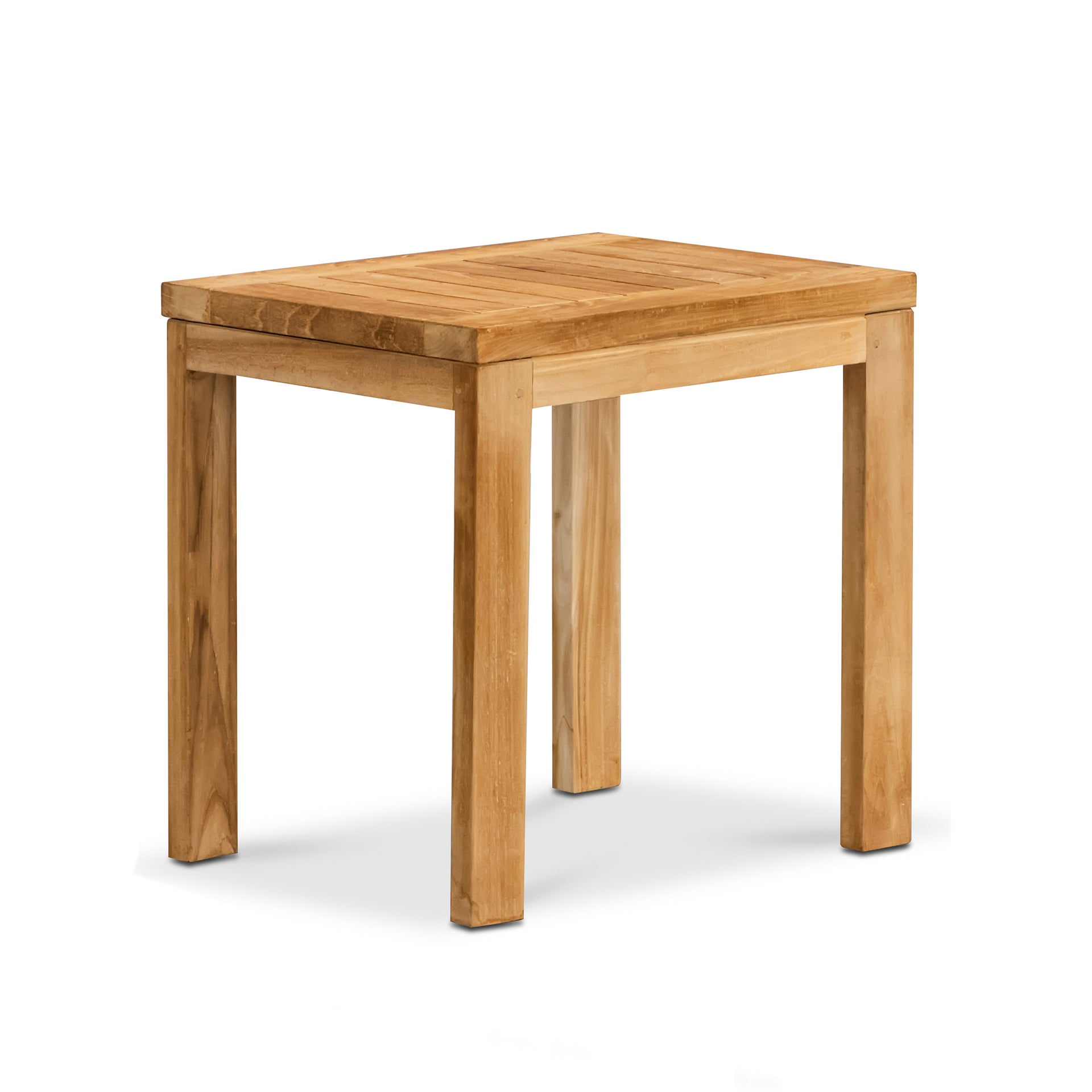 A wooden table stands on four legs, showcasing a simple rectangular design. It is placed against a plain white background, highlighting its natural wood texture.