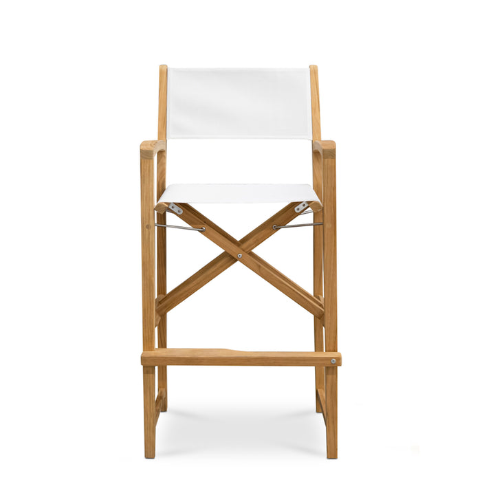 A wooden director's chair with a white canvas seat and backrest stands upright against a plain white background. The chair features an X-frame design and a footrest.