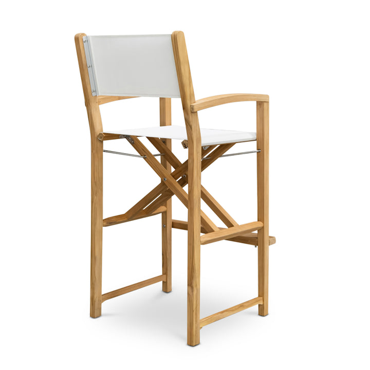 A wooden director's chair features a white fabric seat and backrest, with folding cross-braced legs and armrests, set against a plain white background.