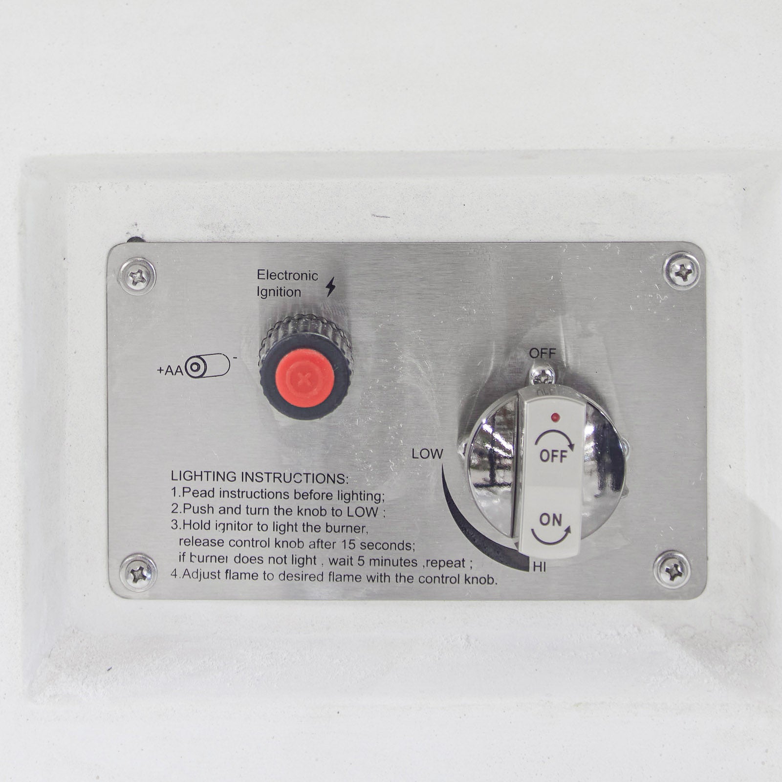 A metal control panel with a red electronic ignition button and a control knob labeled "OFF," "ON," "LOW," and "HI" on a white background.