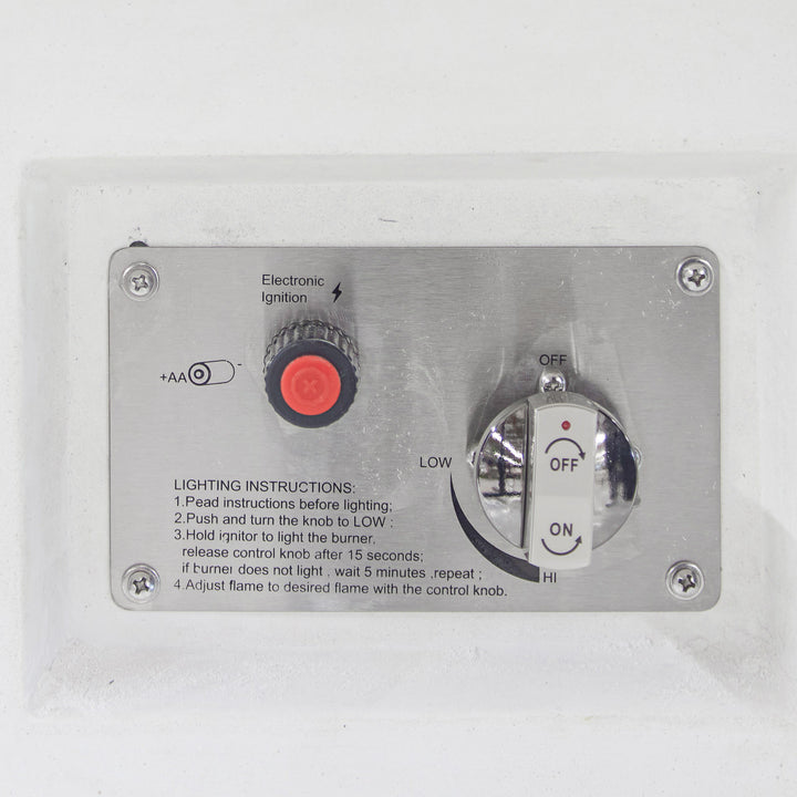 Control panel featuring electronic ignition button and adjustable flame knob set against a silver metal plate. Text includes: "Electronic Ignition," "Lighting Instructions," and adjustment guidance from "Low" to "Hi." Text: LIGHTING INSTRUCTIONS: 1. Pead instructions before lighting; 2. Push and turn the knob to LOW; 3. Hold ignitor to light the burner, release control knob after 15 seconds; if burner does not light, wait 5 minutes, repeat; 4. Adjust flame to desired flame with the control knob.