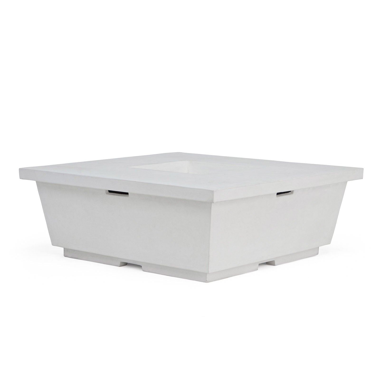 A white, square, concrete fire pit with a recessed center, sits on a flat base. It has a modern design and is placed against a plain white background.