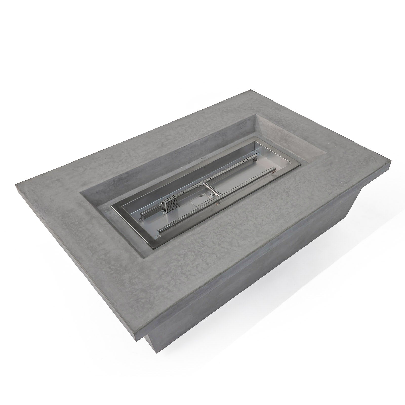 A rectangular concrete fire pit table features a central linear burner insert. It is designed for outdoor use, providing a contemporary and functional aesthetic in a patio or garden setting.