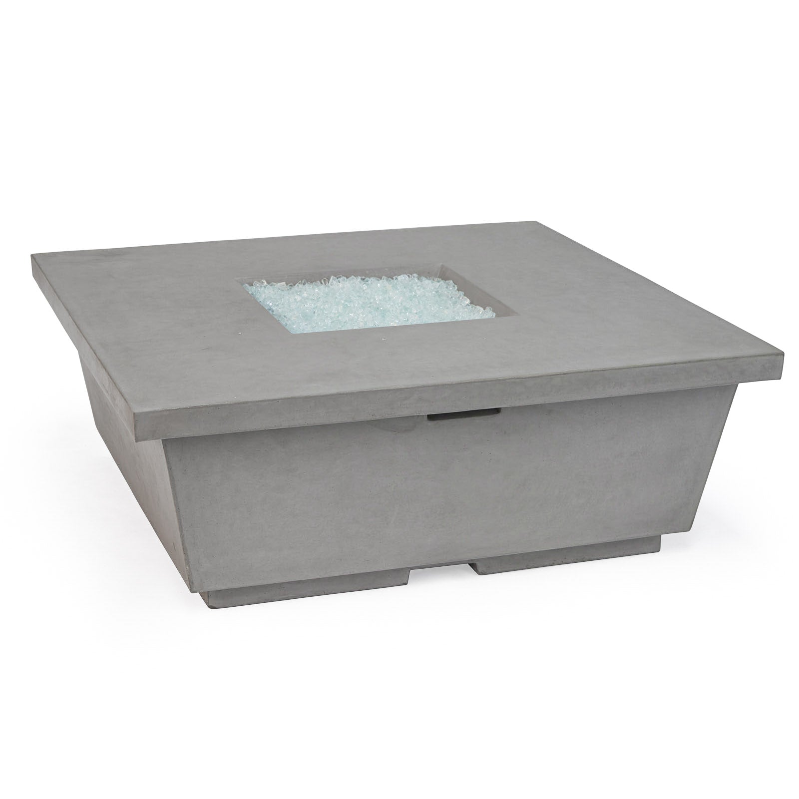 A square, gray concrete table features a recessed center filled with clear decorative glass, set against a plain white background.