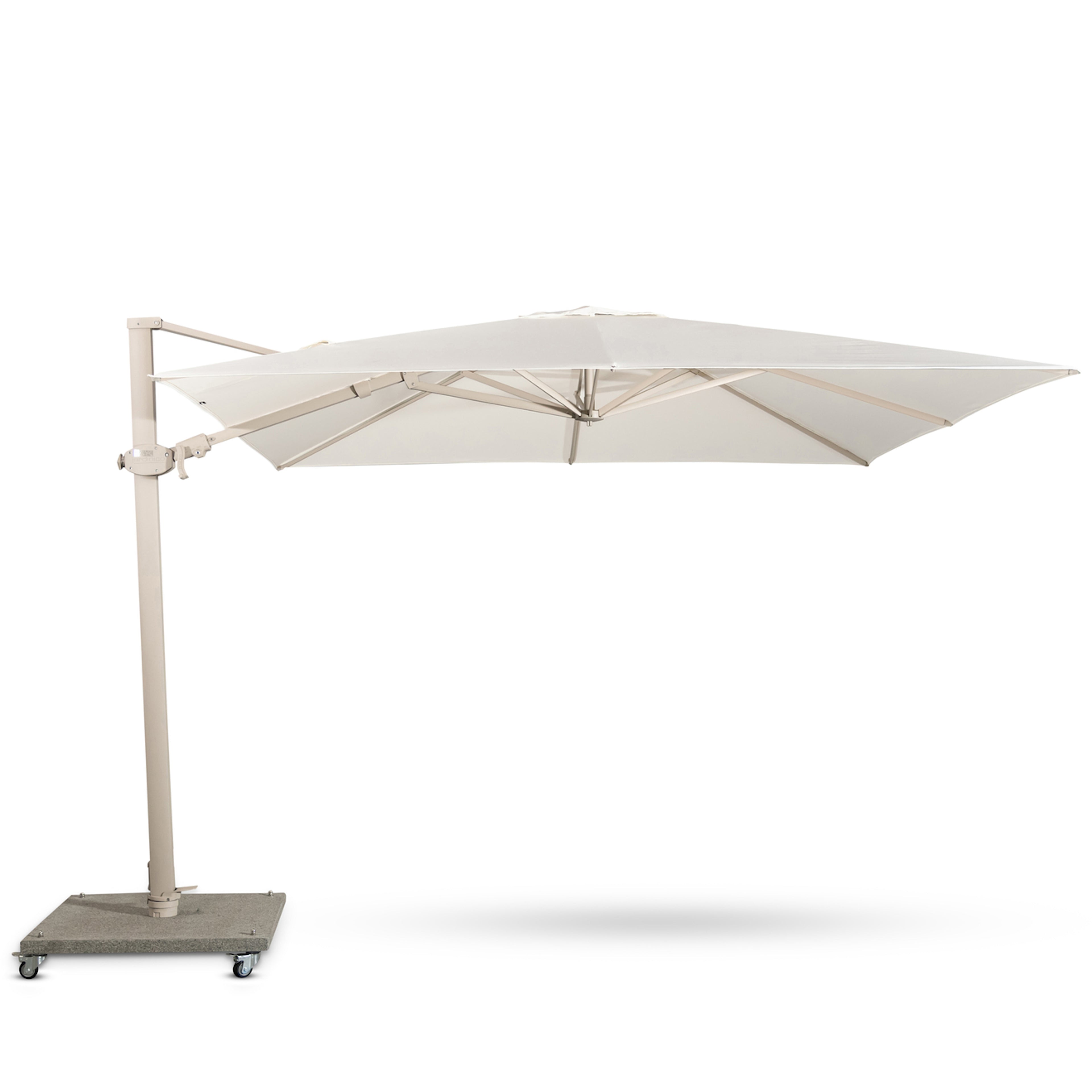 A beige cantilever umbrella, extended open, supported by a side pole with a sturdy wheeled base. The background is plain white, highlighting the umbrella’s structure.