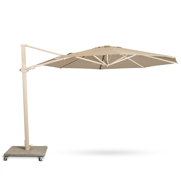 A large beige patio umbrella is open, extending from a side-mounted pole with a sturdy, wheeled base on a white background.