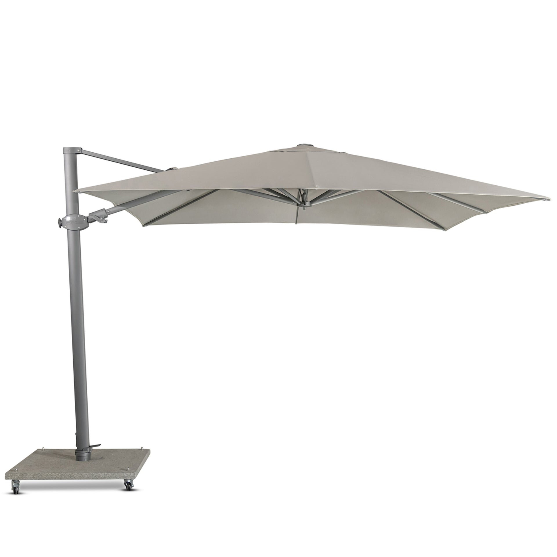 A large, gray cantilever umbrella with a metal pole and base is open, extending its canopy. The setting is minimal, with a white background emphasizing the umbrella's structure.