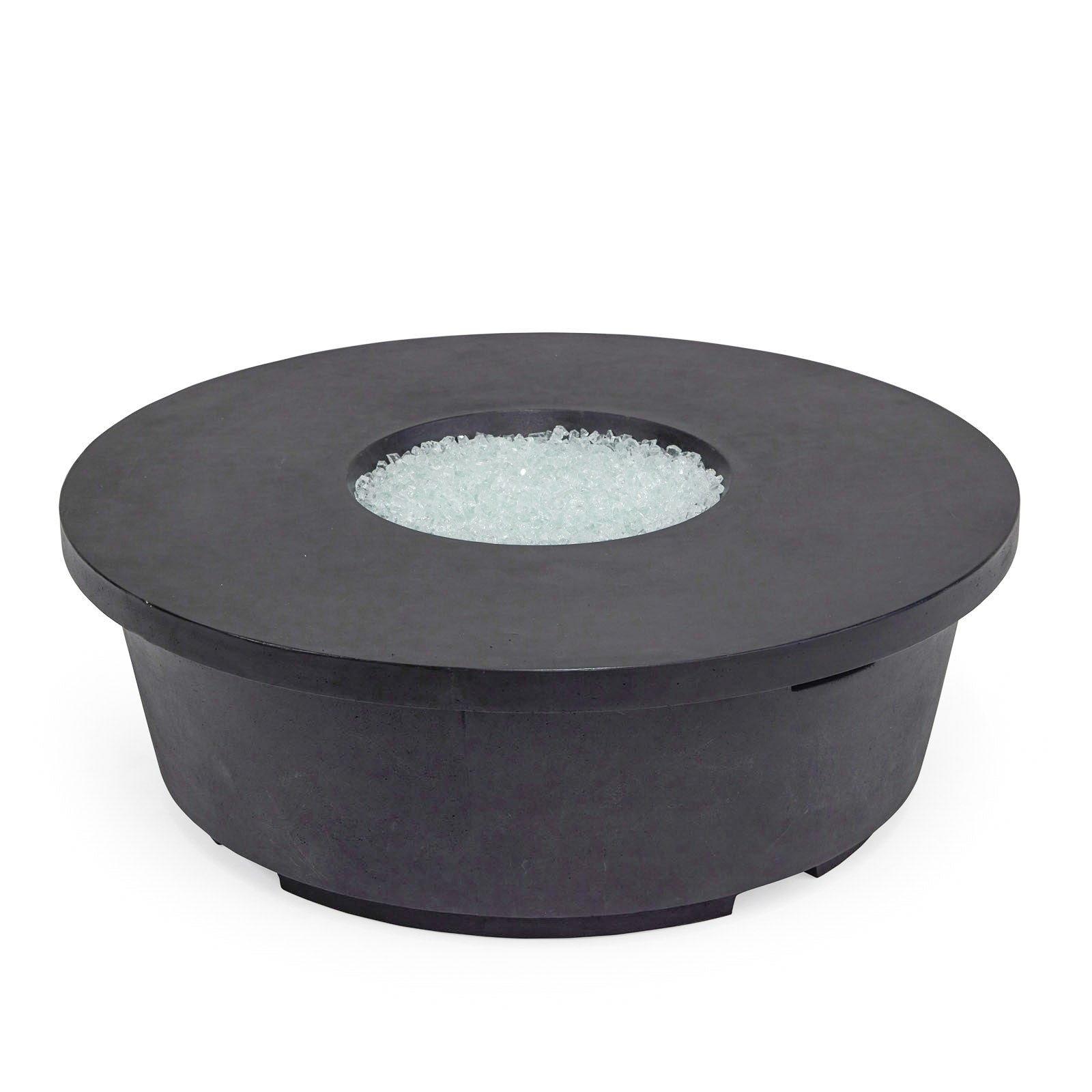 Round black fire pit with an inset center filled with white reflective glass stones, designed for outdoor use. The setting is isolated with a plain white background.