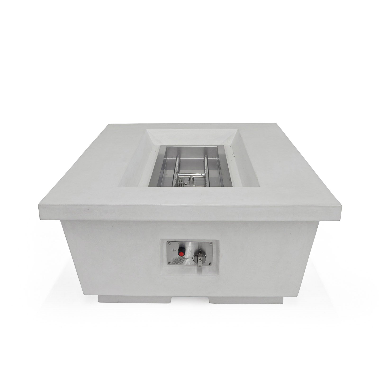 A rectangular concrete fire pit with a central metal burner, featuring a control panel with knobs on its side, is displayed against a plain white background.