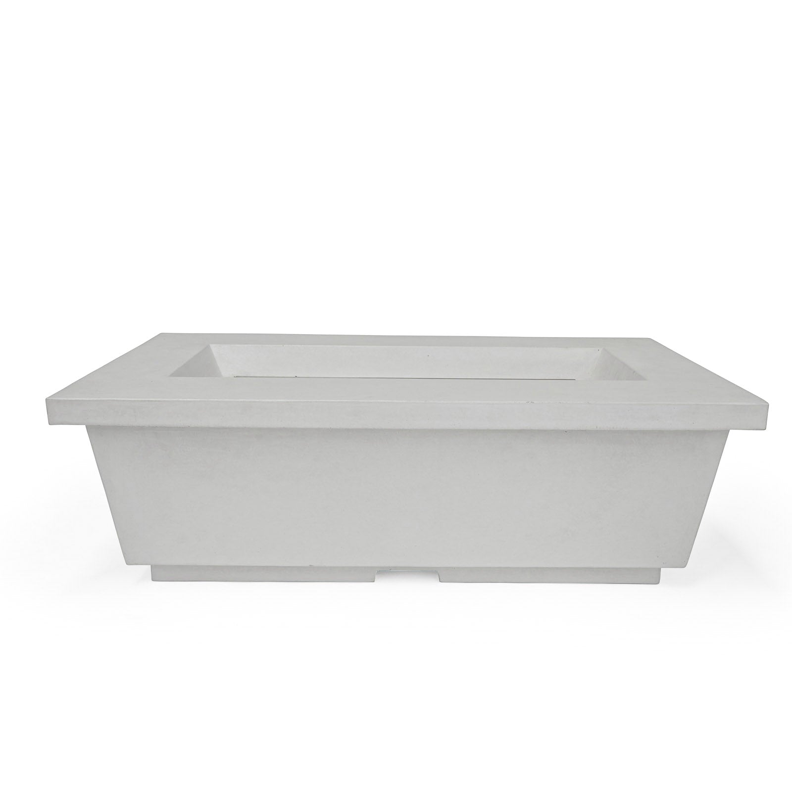 A rectangular concrete planter sits on a white background, featuring a wide rim and sturdy base, suitable for outdoor settings.