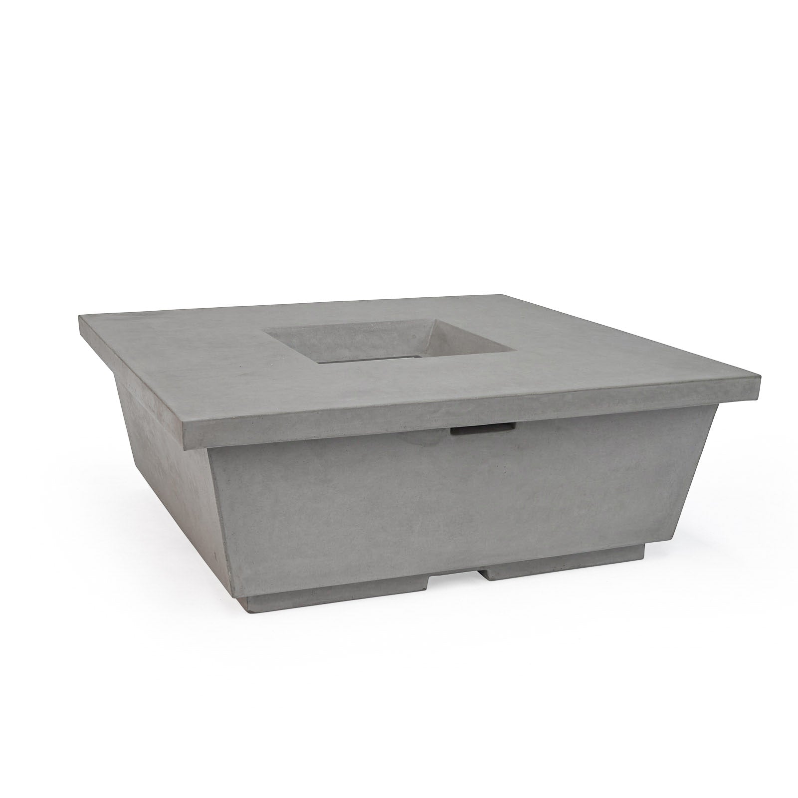 Square concrete fire pit with a recessed center, set on a simple pedestal base, situated against a plain white background.