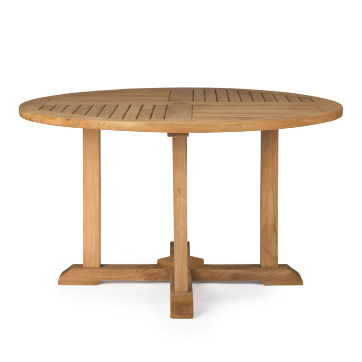 A round, wooden table with slatted top stands on four sturdy legs, placed on a simple cross-shaped base against a white background.