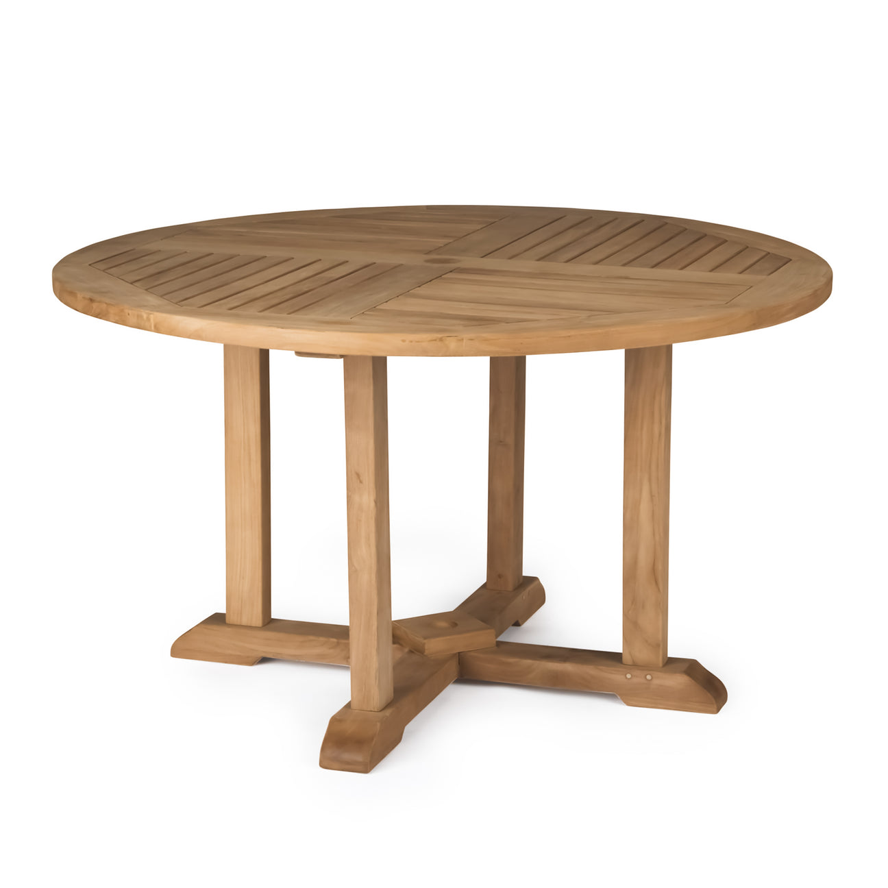 A round wooden table features a slatted design on its top with four sturdy legs and a cross-shaped base, set against a plain white background.