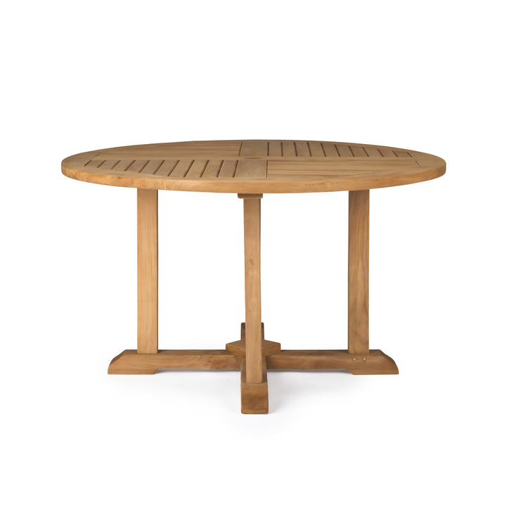 A round wooden table stands on a cross-shaped base. Its slatted top features natural wood grain. The table is placed against a white background.