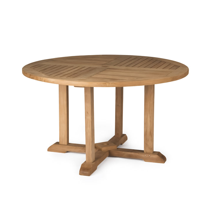 A round wooden table stands on four straight legs connected by a cross-shaped base, set against a plain white background.