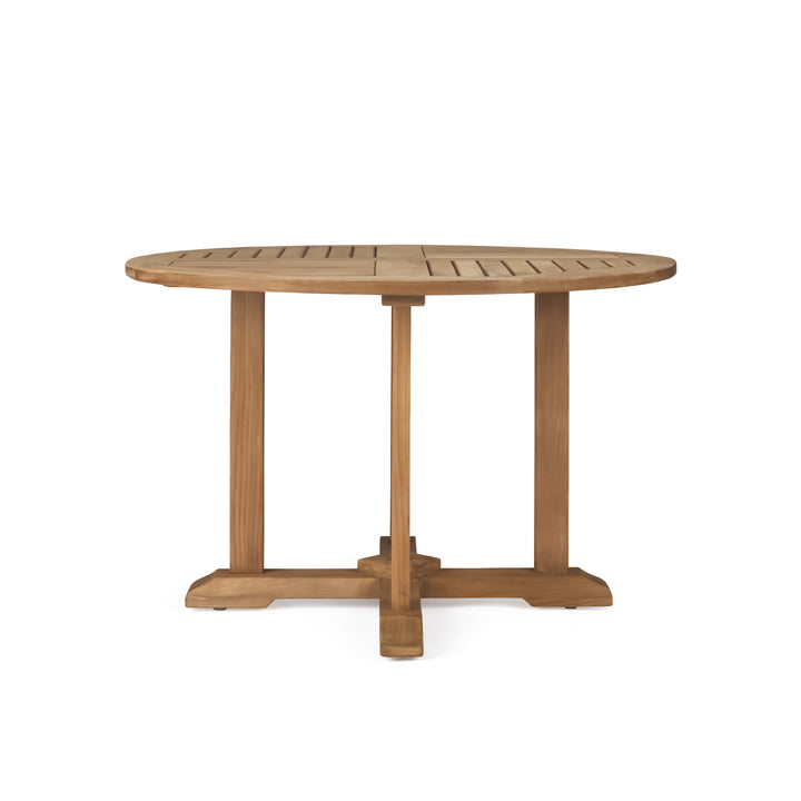 A round wooden table with a slatted top stands on a cross-shaped base in a white, isolated setting.