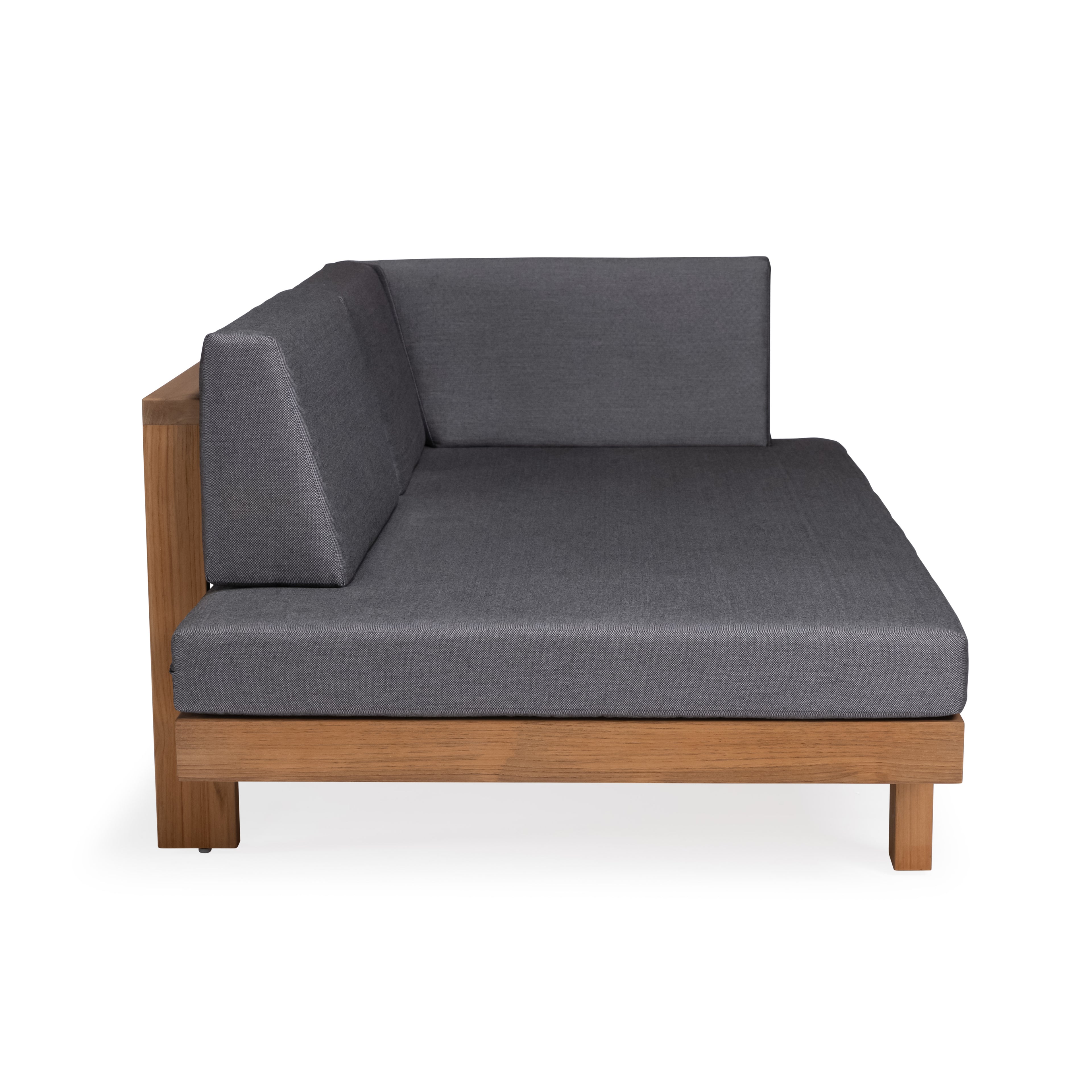 A gray, cushioned sectional sofa piece with wooden frame and straight backrest sits on a plain white background, indicating a minimalist design suitable for modern interiors.