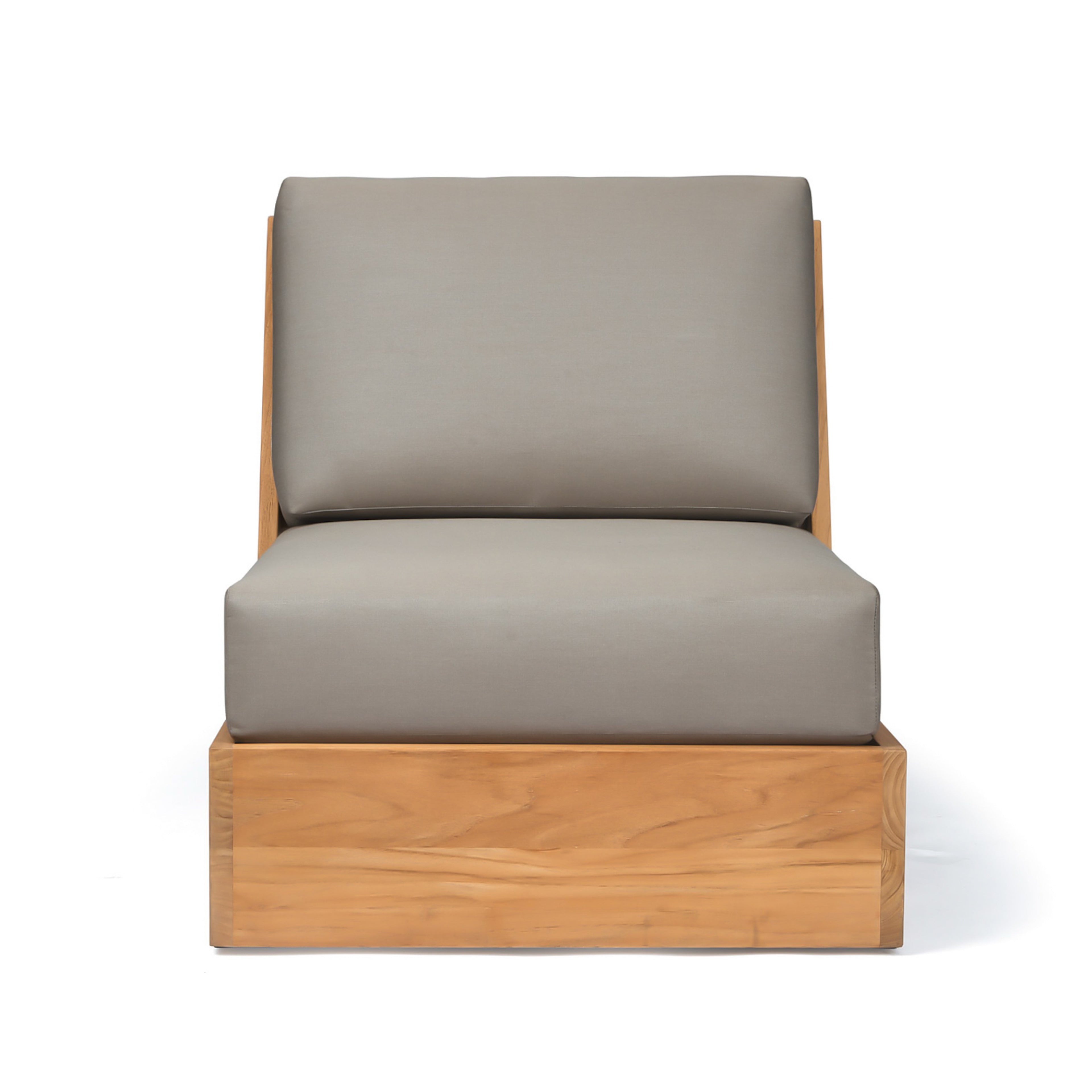 A cushioned chair with a wooden base features a simple design, with grey upholstery on the seat and back, set against a plain white background.