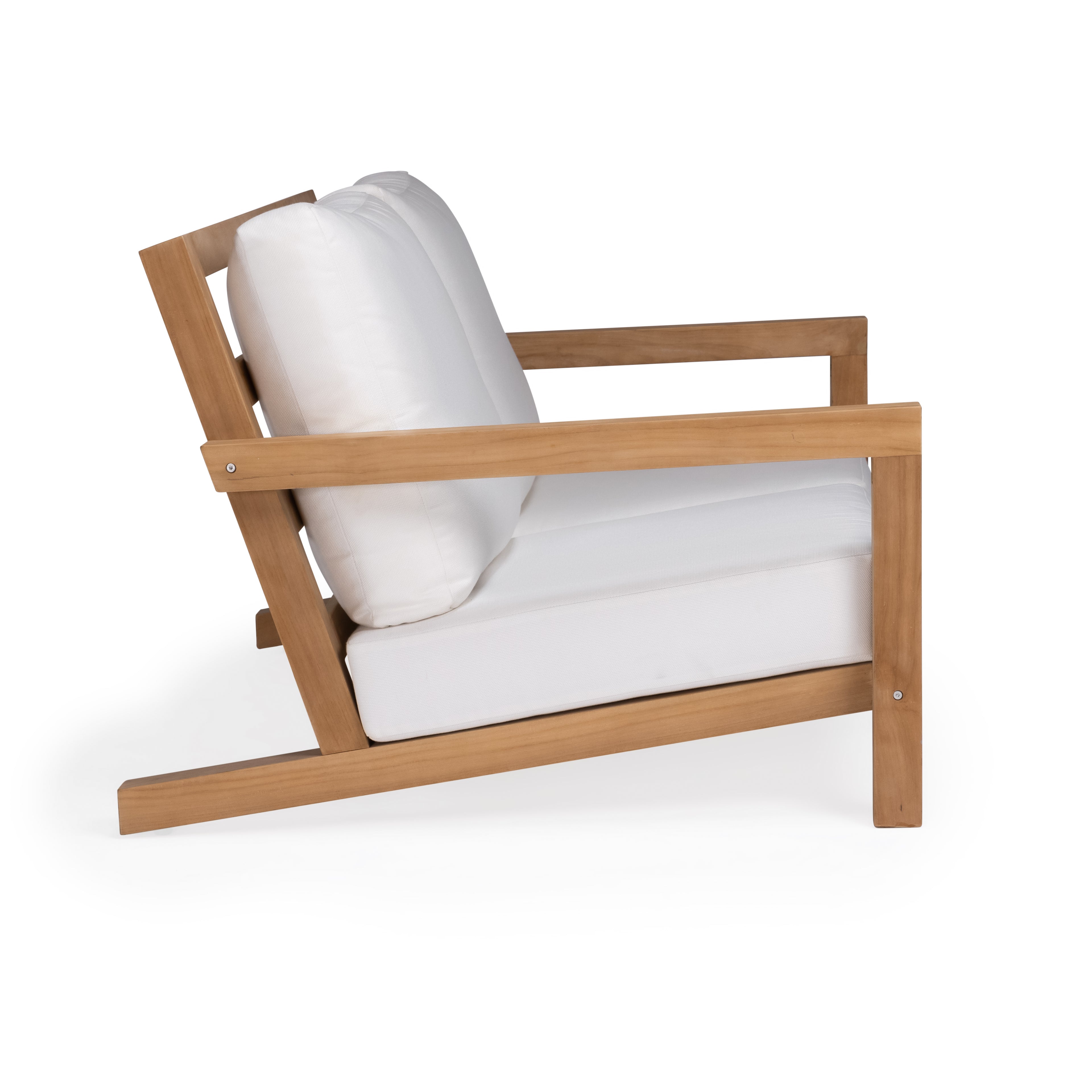 A wooden armchair with white cushions is angled in a minimalist style, placed against a plain white background.