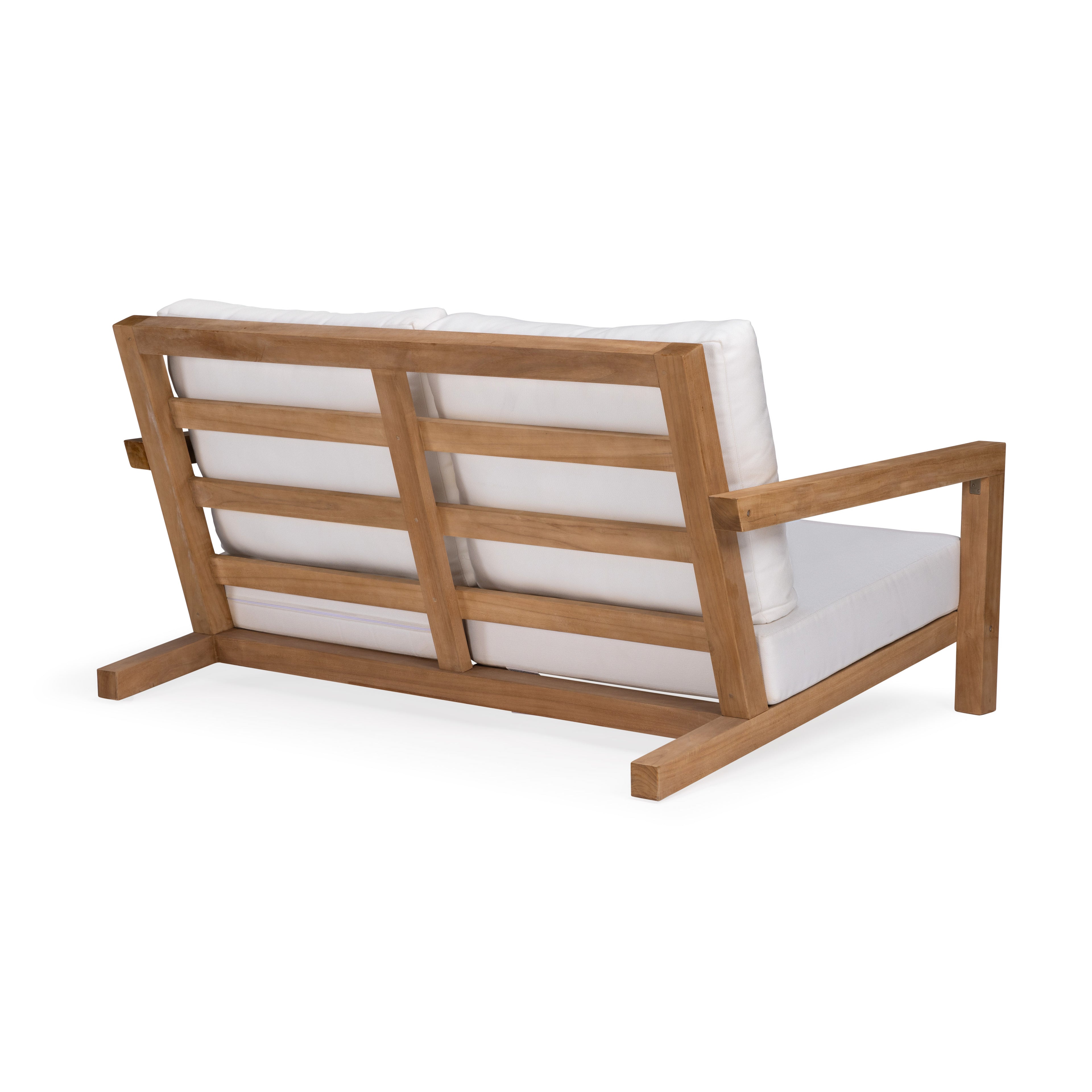 A wooden-framed sofa has white cushions, positioned against a plain white background. The design features slatted back support and armrests, emphasizing a simple and minimalist style.