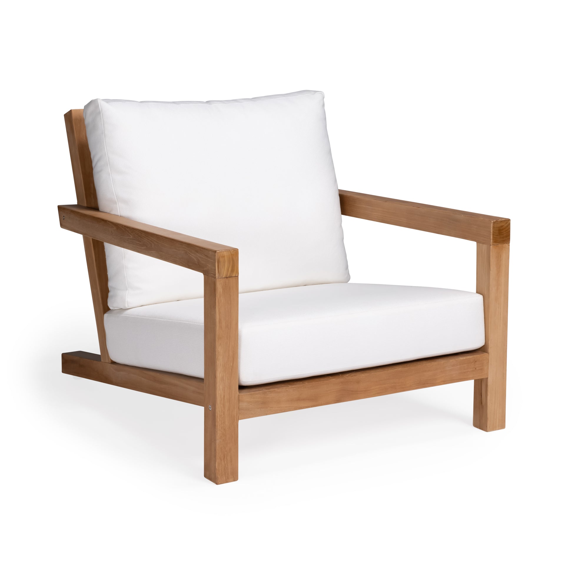 A wooden armchair features white cushions, sitting in a minimalistic indoor setting, emphasizing its simple and elegant design with clean lines and natural wood finish.