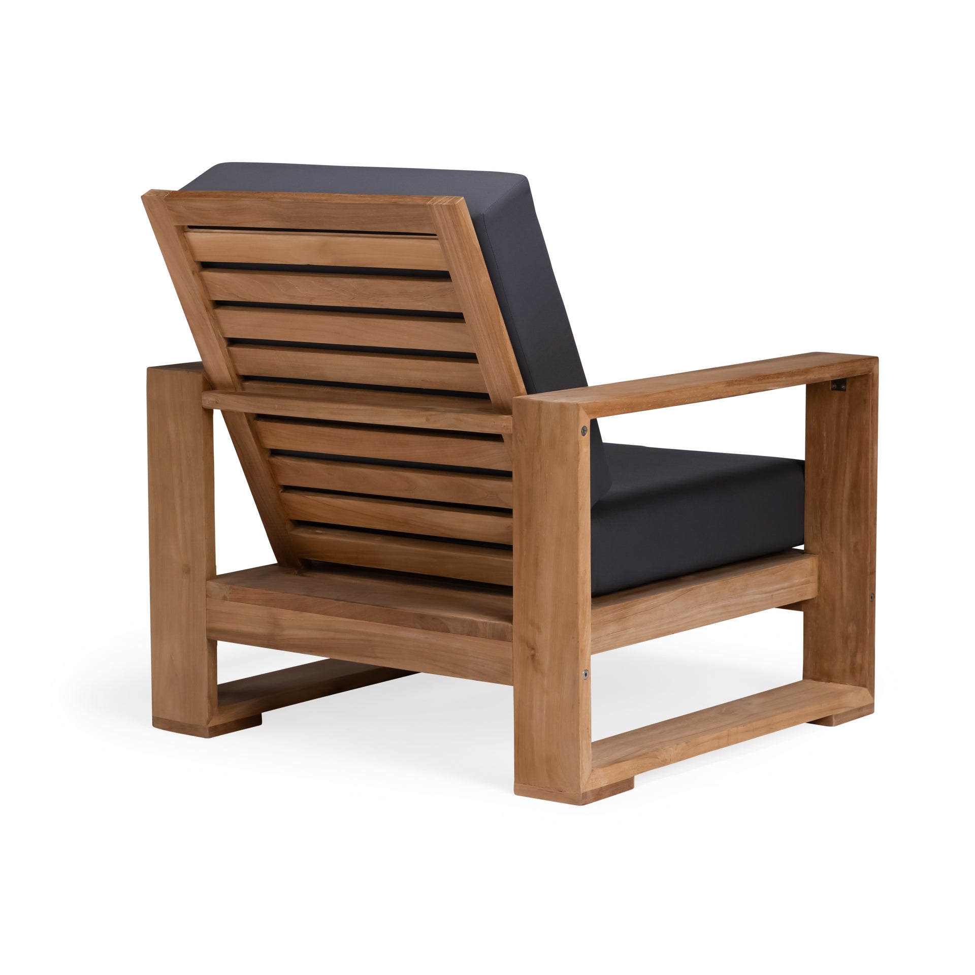 A wooden chair features a slatted backrest with dark cushions secured to it, positioned against a plain white background, showcasing a modern, minimalist design.