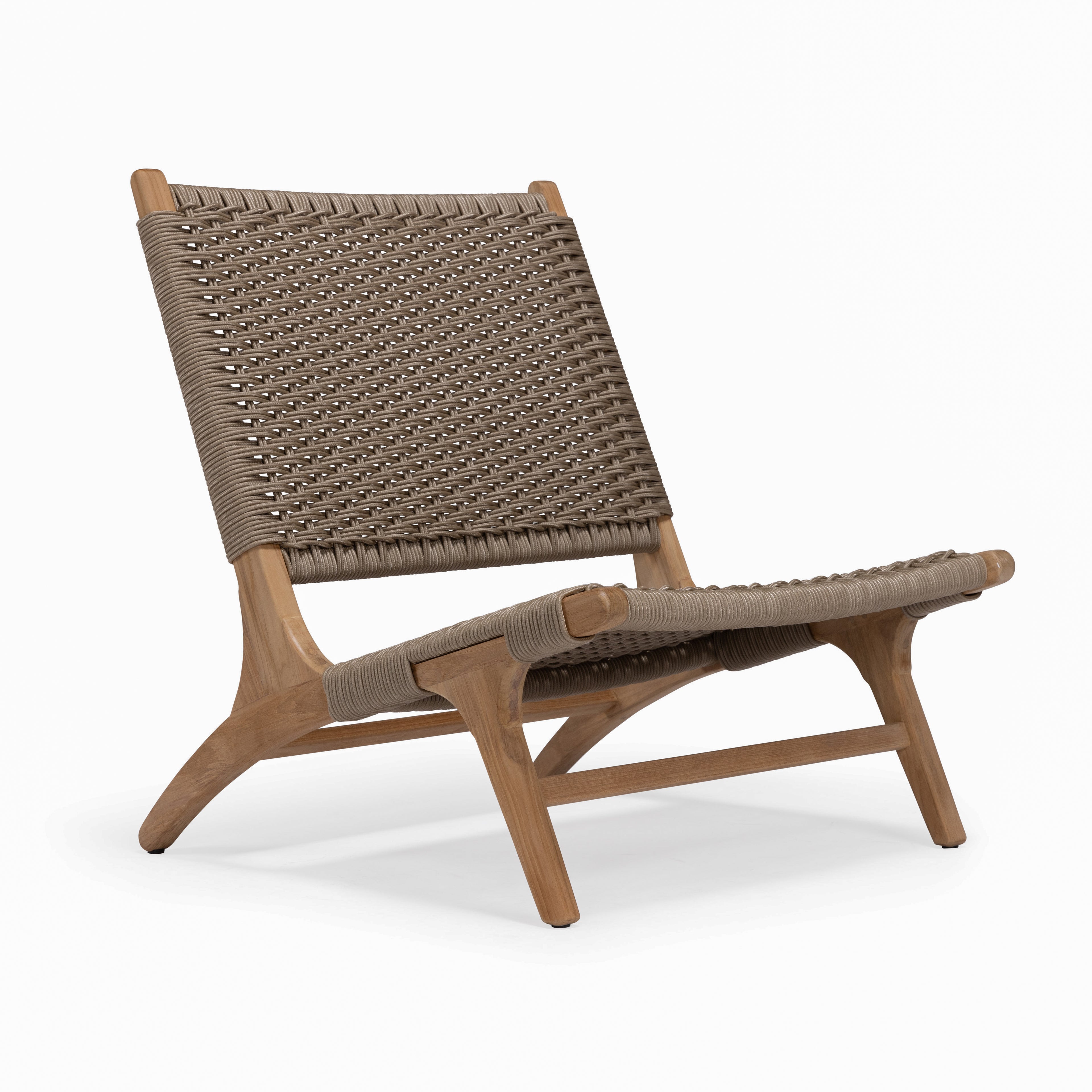 A lounge chair features a woven seat and backrest on a wooden frame, set against a plain white background.