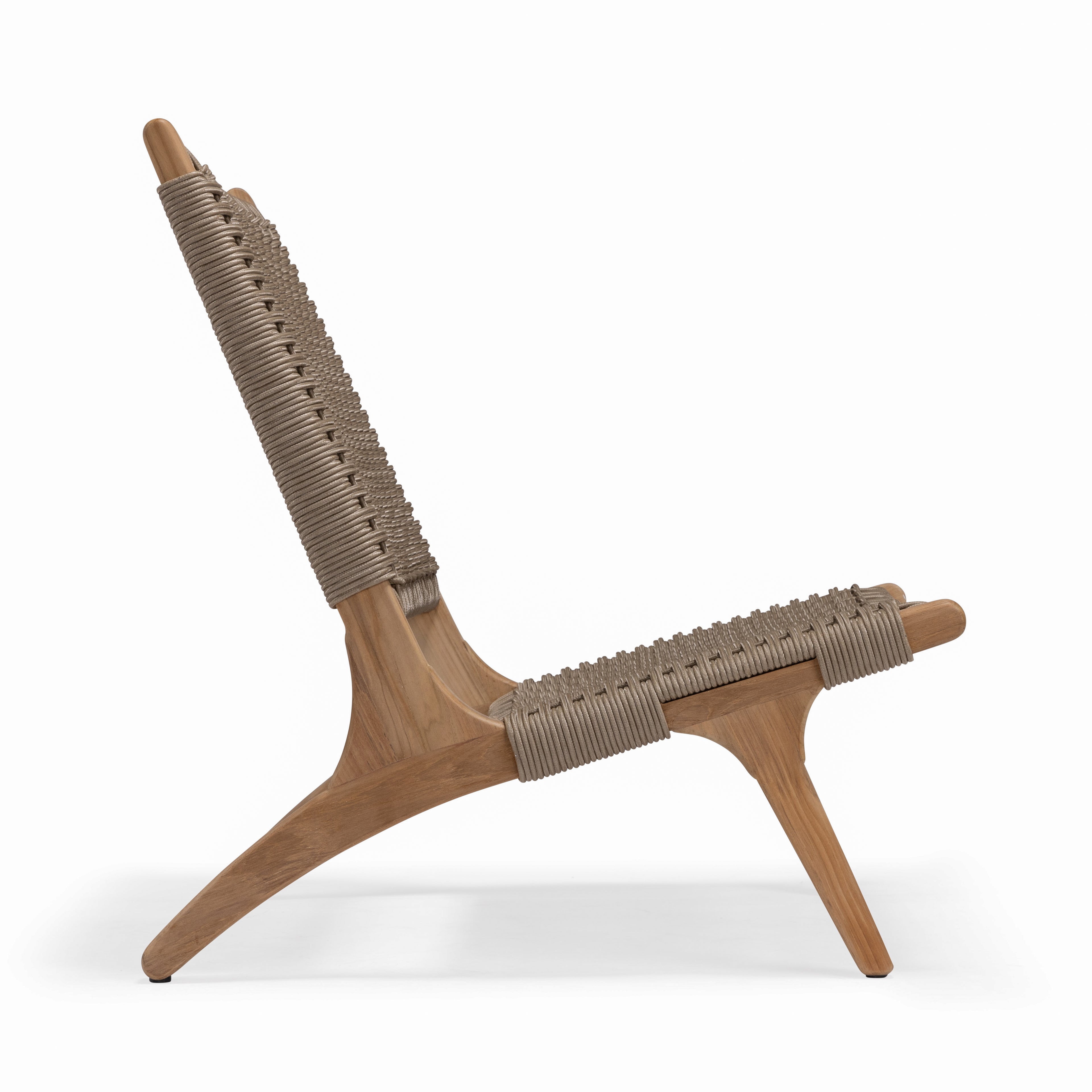 A wooden lounge chair features a woven rope seat and backrest, angled from a side view, set against a plain white background.