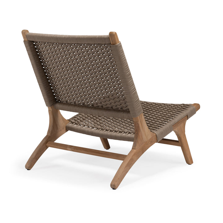 A chair with a woven back and seat made of taupe rope sits on a wooden frame. It's positioned on a plain, white background.