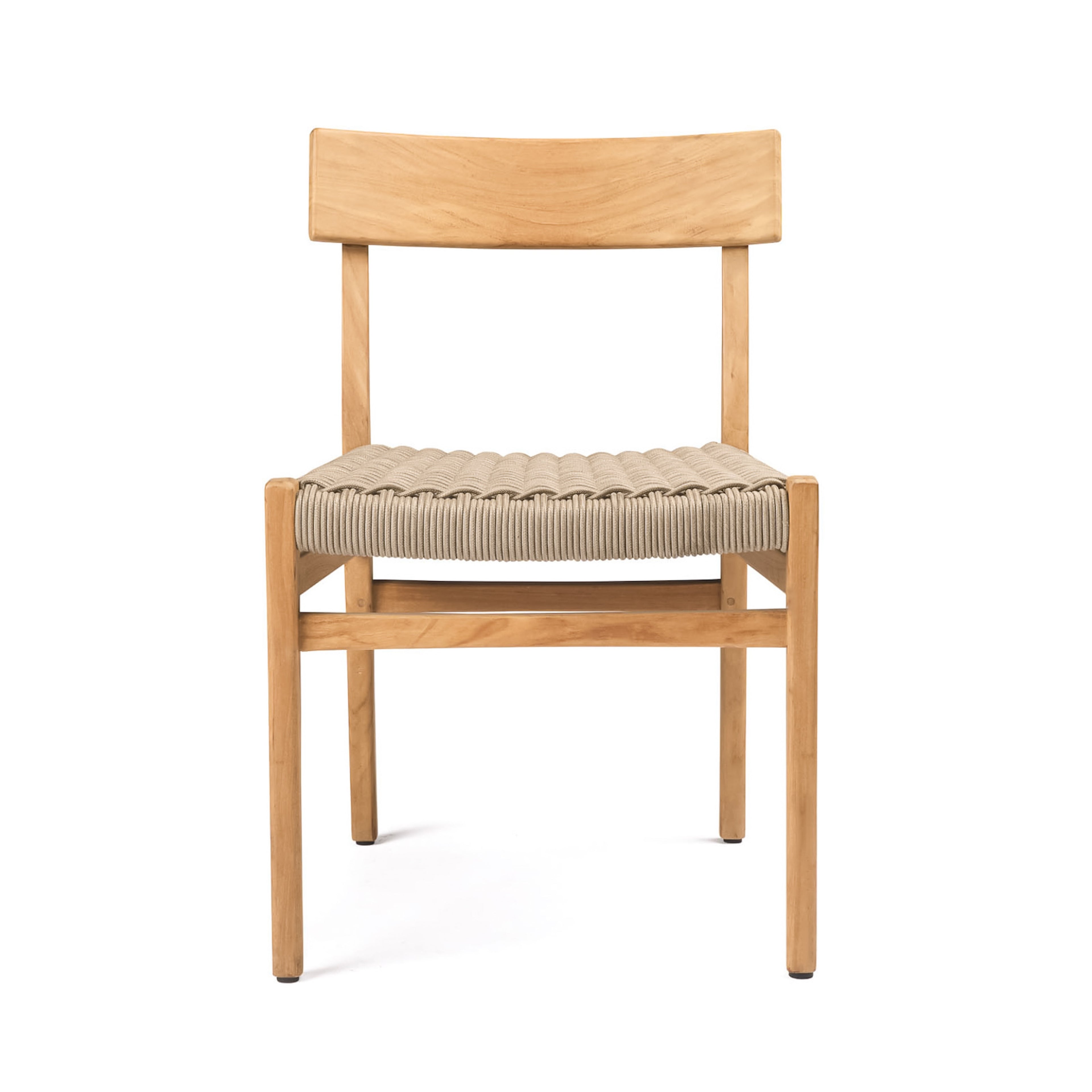 A wooden chair with a rectangular back and a woven, cord seat sits in a plain white environment, emphasizing its minimalist design.