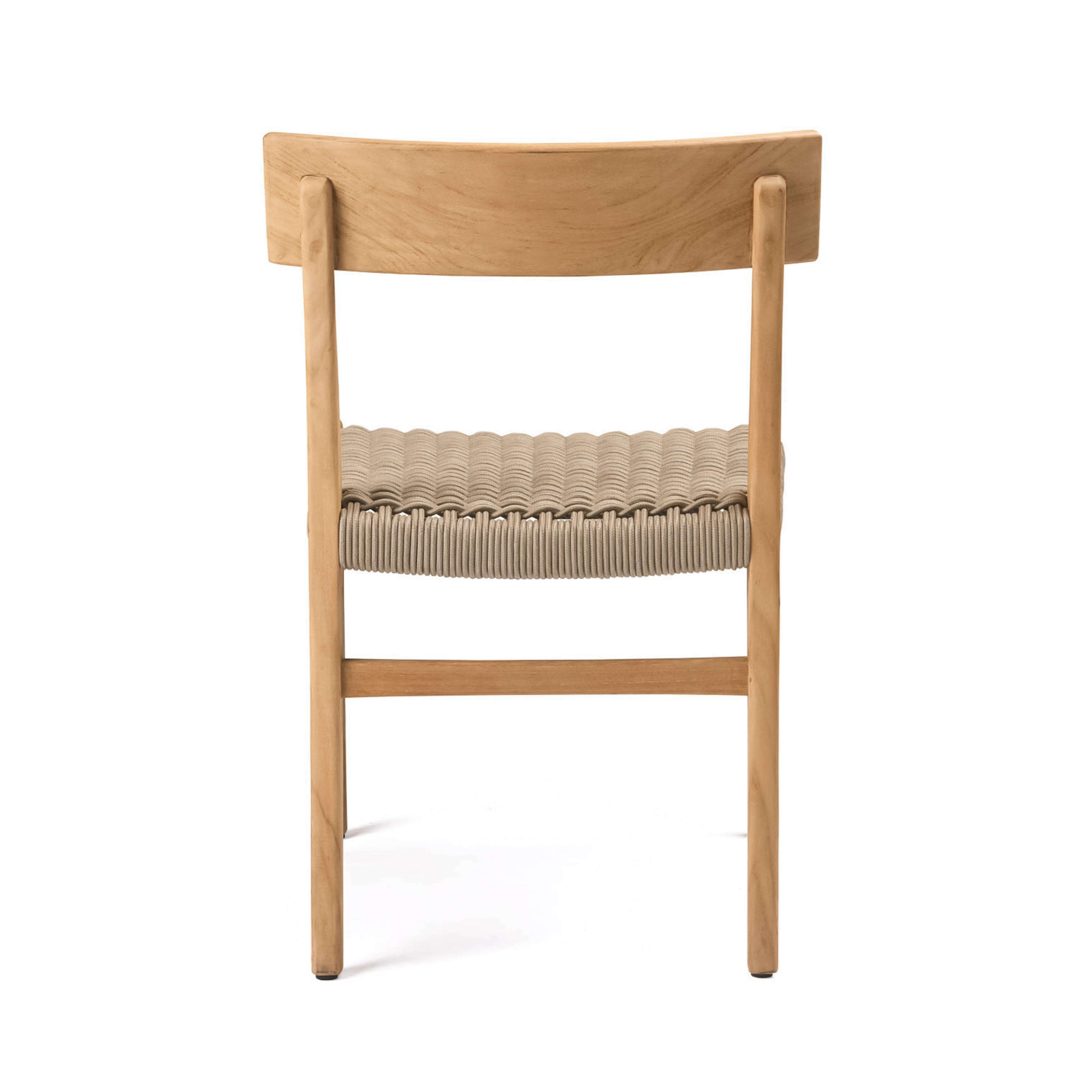 A wooden chair with a woven, textured seat stands upright, viewed from the back. It is positioned against a plain white background, highlighting its natural grain and simple design.