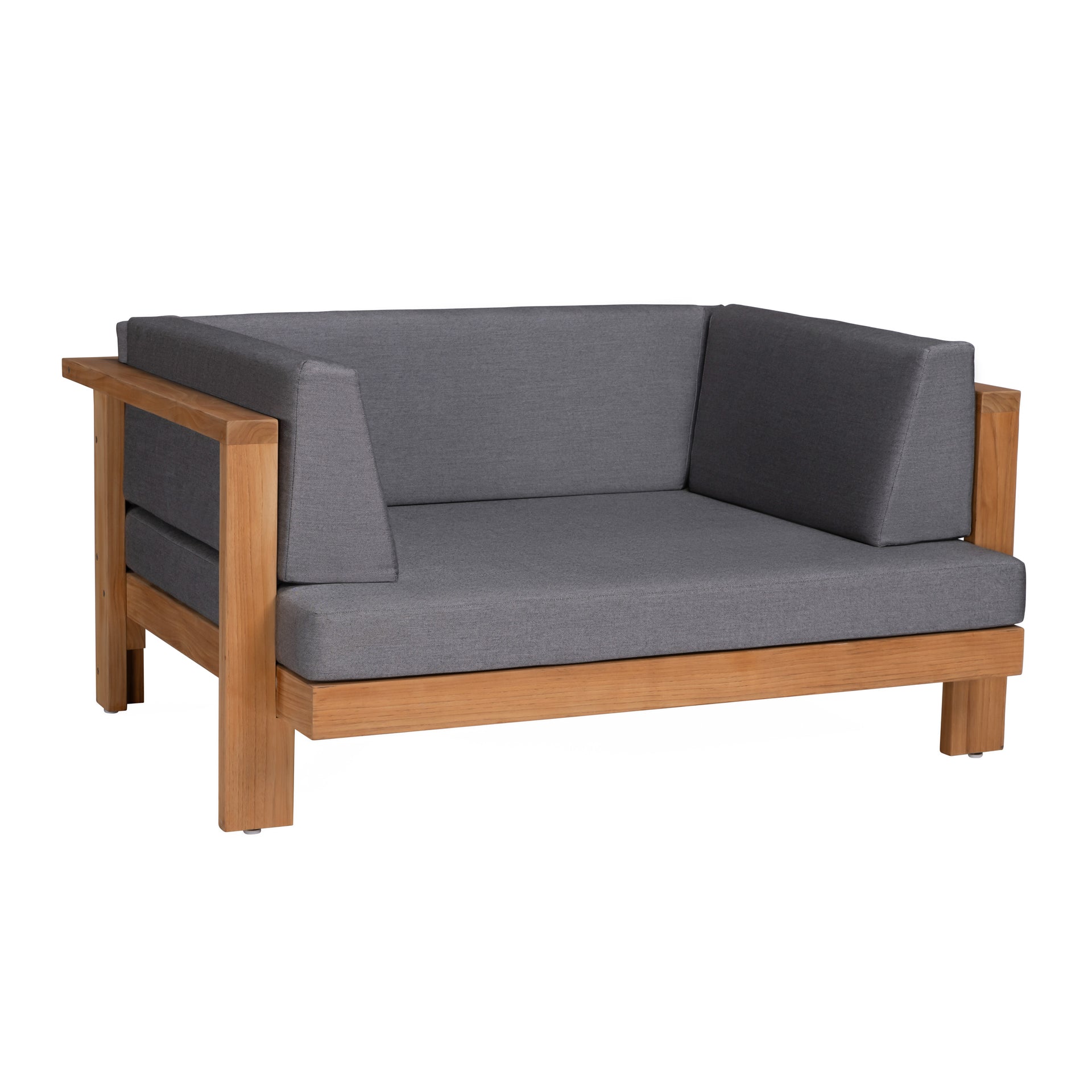 A gray cushioned loveseat with a wooden frame and armrests is positioned against a plain background, suggesting a minimalist, contemporary style suitable for indoor or outdoor use.