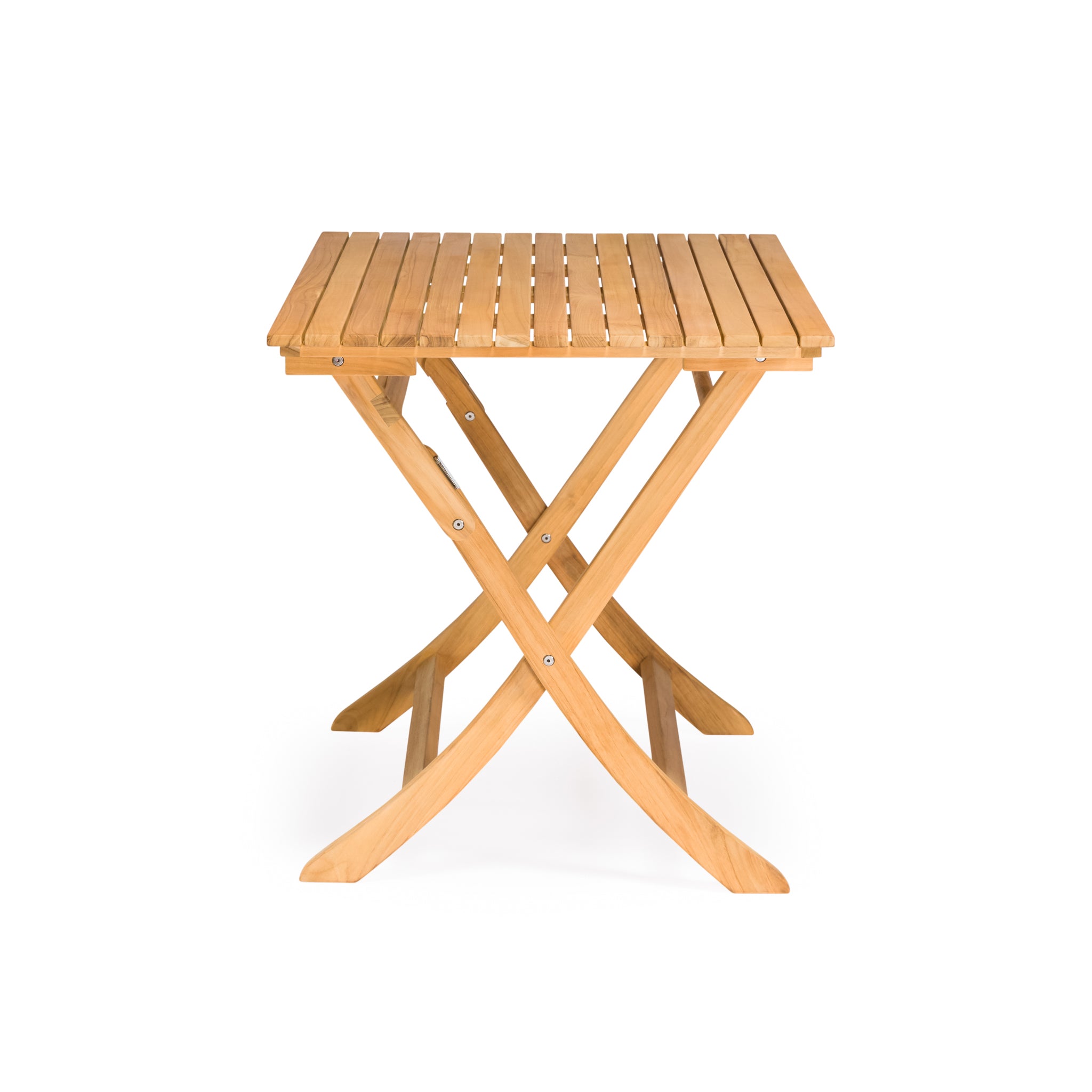 Folding teak outdoor dining table with slatted top