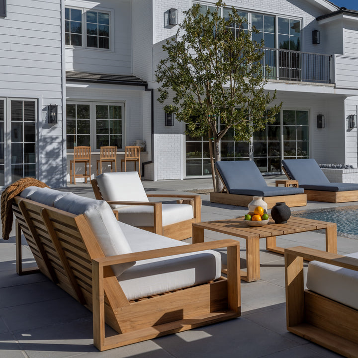 Verona teak outdoor bar stools at patio bar