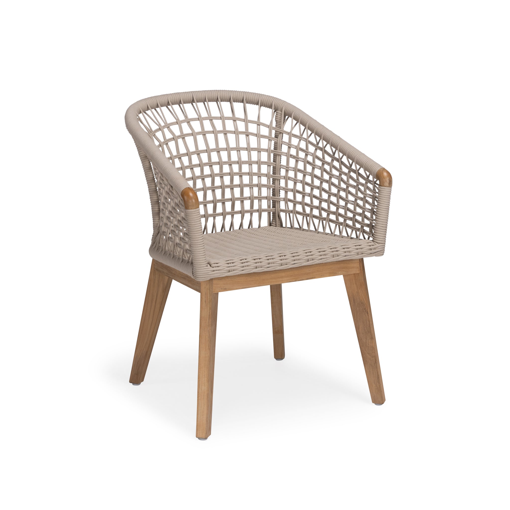 Cream rope woven outdoor dining chair with teak frame