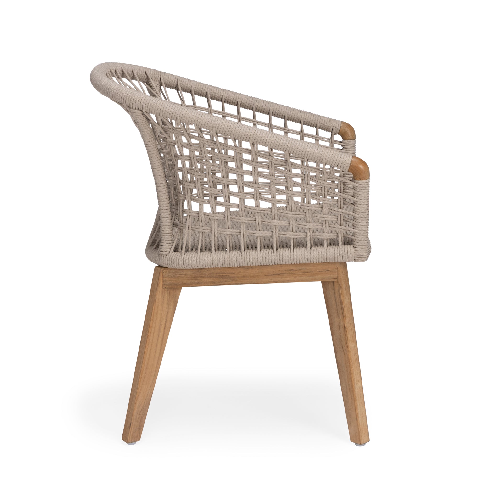 Cream rope woven outdoor dining chair with teak frame