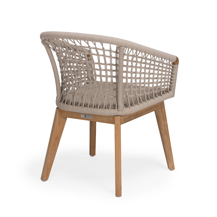 Cream rope woven outdoor dining chair with teak legs