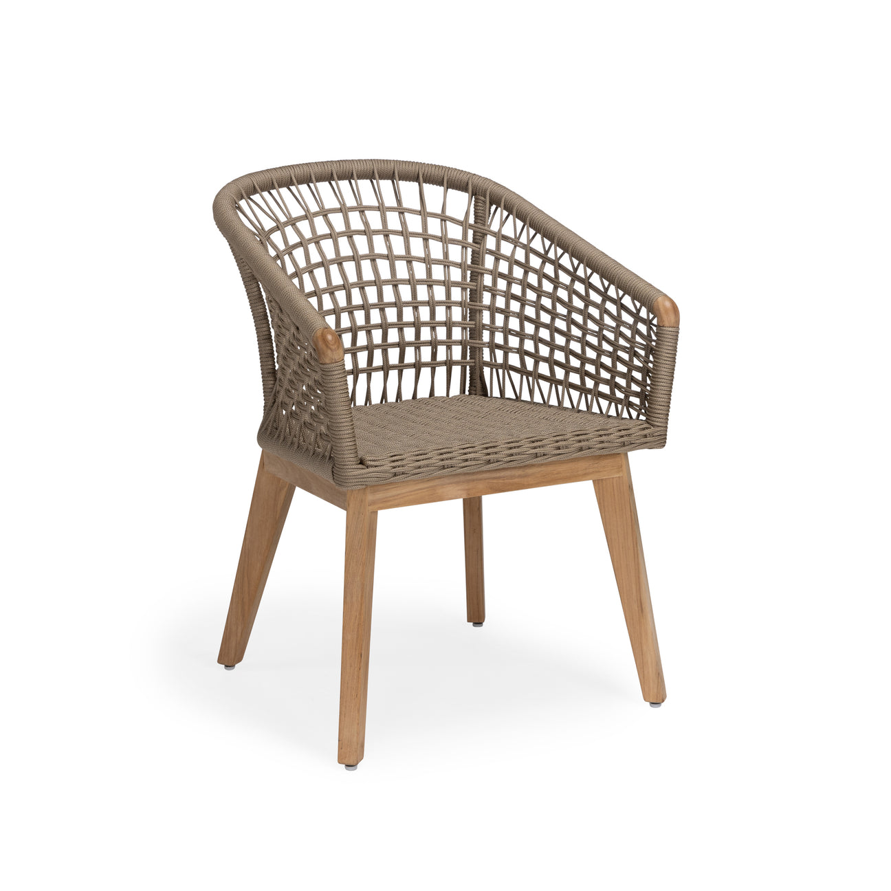 Taupe rope woven outdoor dining chair with teak frame