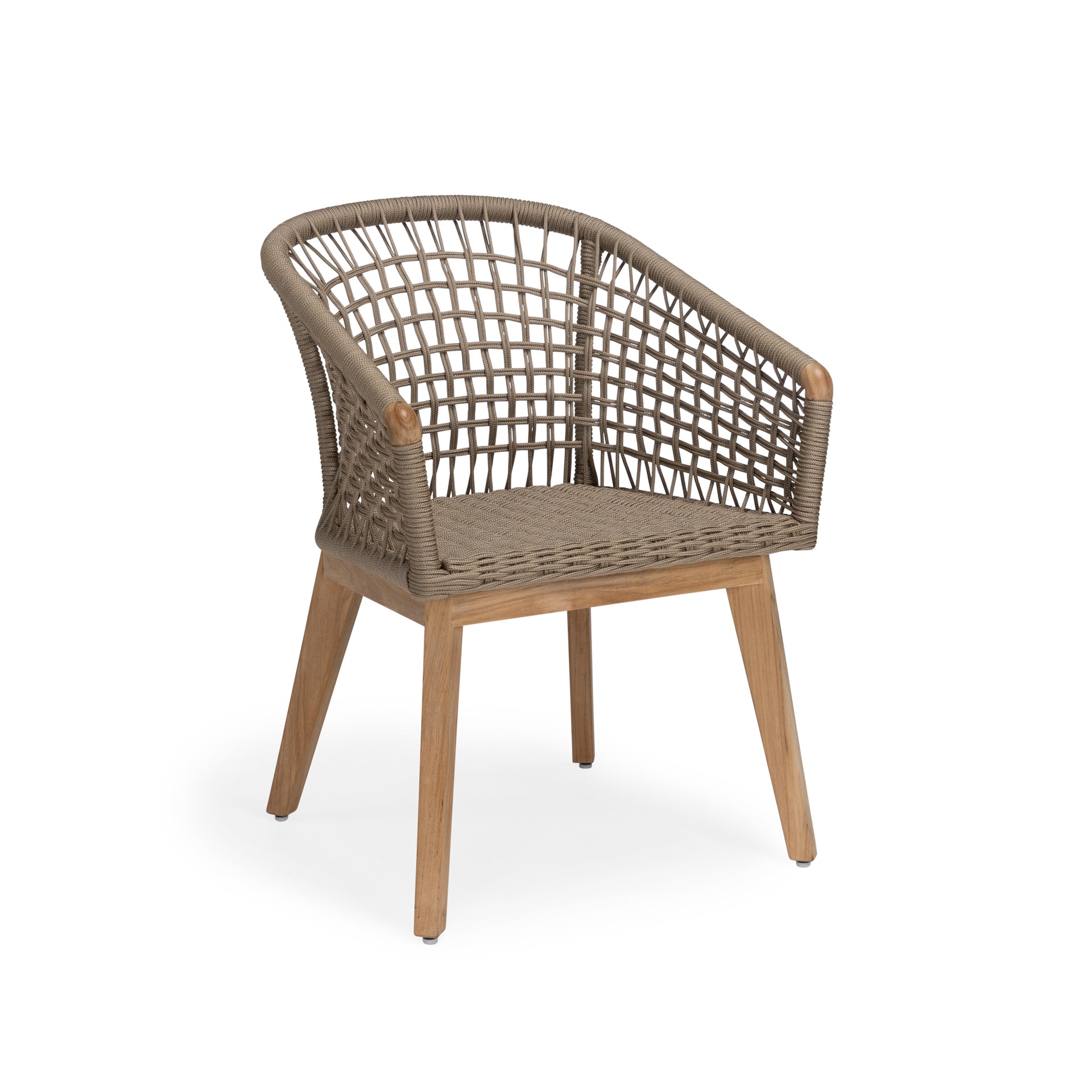 Taupe rope woven outdoor dining chair with teak frame