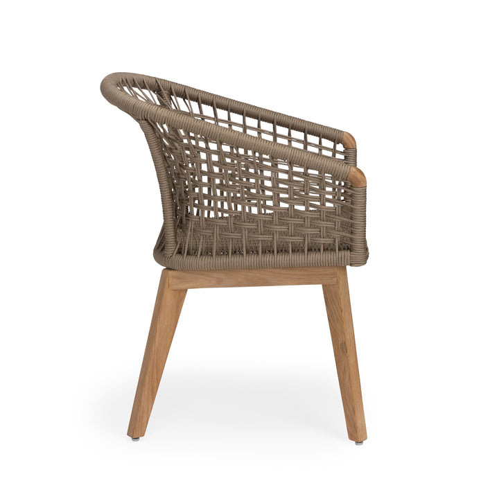 Taupe rope woven outdoor dining arm chair with teak legs