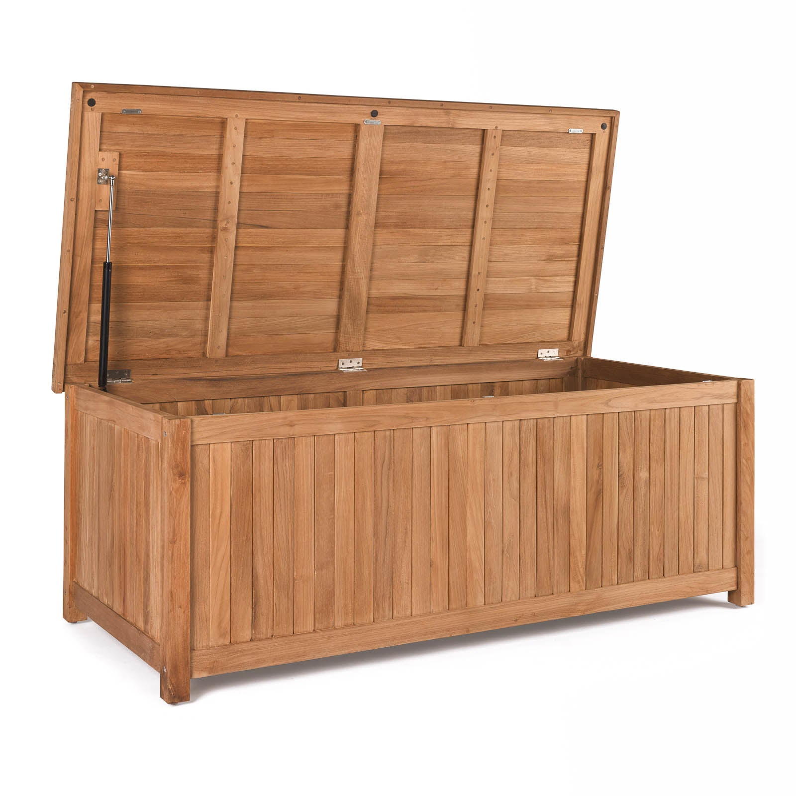 Open teak outdoor cushion storage box