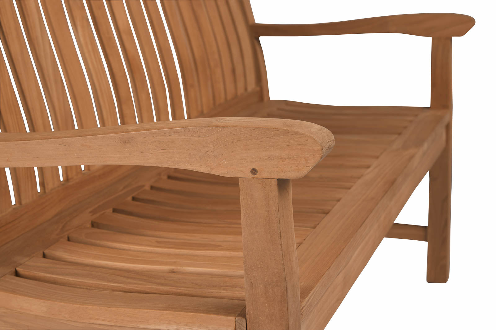 Wave teak outdoor bench with curved slats and armrests