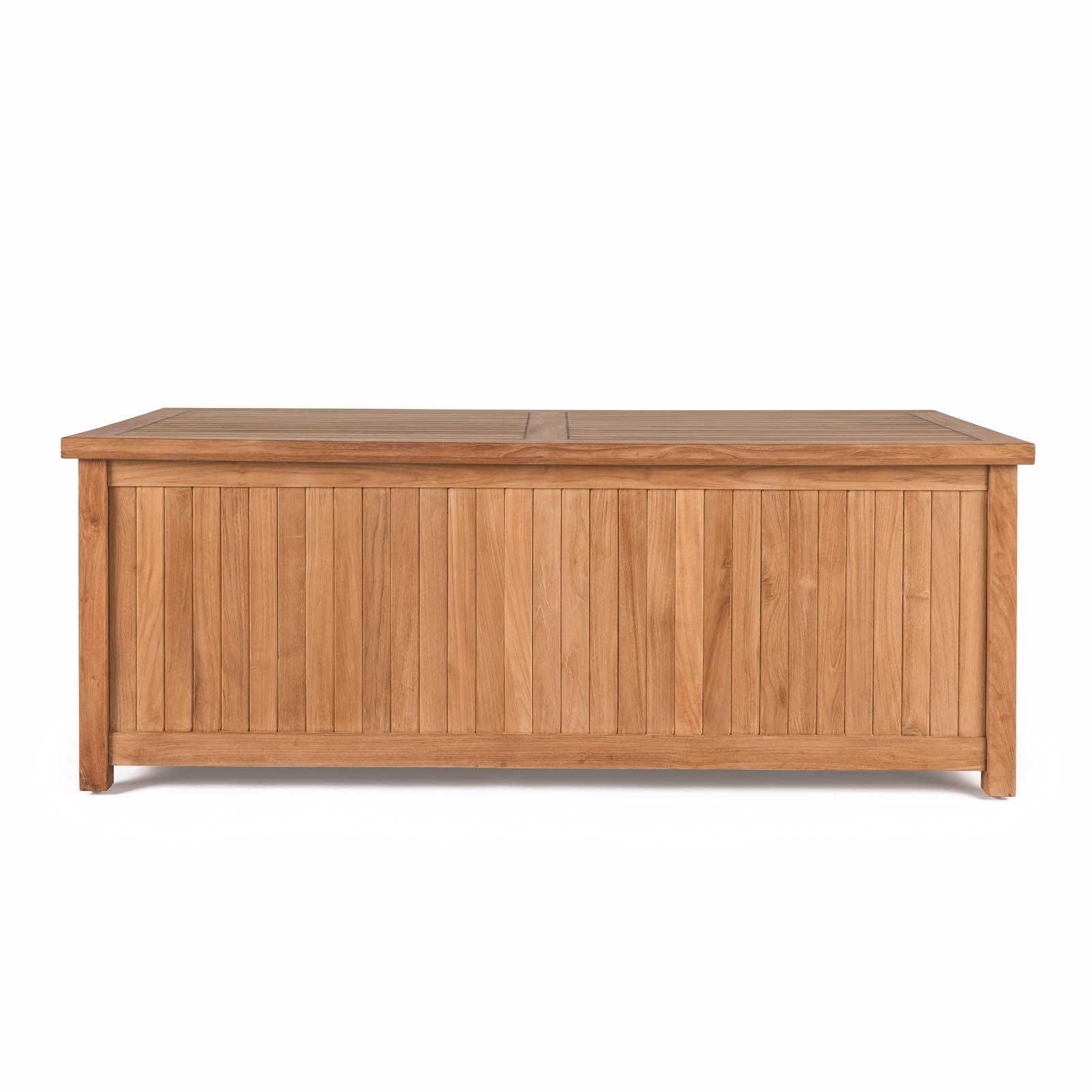 Teak outdoor storage box with slatted design